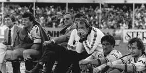 The looks tell the sad story on the losing bench with Manly coach Ray Ritchie,left,flanked by Les Boyd and a downcast Ray Brown,far right,with Terry Randall who decided to retire.