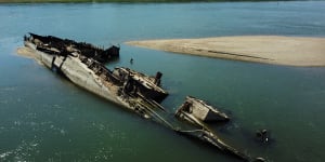 Wreckage of a World War II German warship is seen in the Danube in Prahovo,Serbia,on August 18. The receding waters of the river have revealed a number of vessels sunk during the war.
