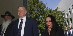 Labor’s Pat Dodson,Anthony Albanese and Linda Burney on their way to attend a ministerial statement to mark the anniversary of the National Apology to the Stolen Generations.
