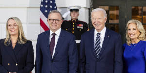 Jodie Haydon and Prime Minister Anthony Albanese pose for a photo with the President of the United States,Joe Biden,and Jill Biden,on their arrival for a private dinner at the White House on Tuesday.