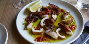 Barbecued South Coast octopus with chilli,oregano and lemon.
