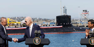 Prime Minister Anthony Albanese,President of the United States Joe Biden and UK Prime Minister Rishi Sunak during the AUKUS announcement at Naval Base Point Loma in San Diego.