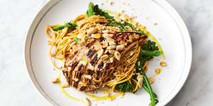 Jamie Oliver's chicken noodle stir-fry with broccolini and toasted peanuts.