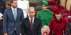Prince Harry,Prince William,Meghan and Catherine with Charles – then the Prince of Wales – in 2020.