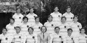 The premiership-winning Kings School rugby side in 1974. Coach Alan Jones is seated middle front row,to his left is captain Anto White. Scott Walker is on the far right of the middle row.