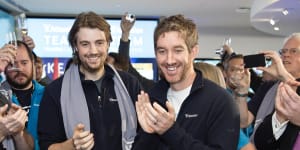 Atlassian founders Mike Cannon-Brookes and Scott Farquhar after listing on the NASDAQ in 2015.