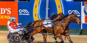 Encipher charges away from Leap To Fame to win the Eureka at Menangle on Saturday.