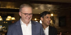 Australian Prime Minister Anthony Albanese and Prime Minister of the United Kingdom Rishi Sunak meet at the Lionfish restaurant ahead of their bilateral meeting and supper,in San Diego.