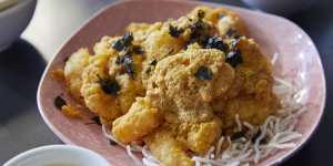 Prawns with salted egg yolk.