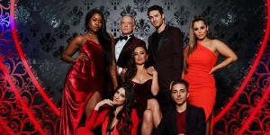 Moulin Rouge! The Musical cast at the show’s launch in Sydney:(front from left) Samantha Dodemaide,Alinta Chidzey and Christopher J Scalzo;and (back from left) Ruva Ngwenya,Simon Burke,Des Flanagan and Olivia Vásquez.
