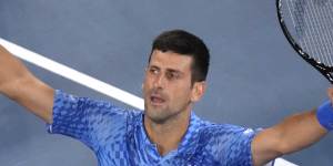Novak Djokovic celebrates his win over Grigor Dimitrov.