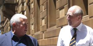 Bruce Grant (left) and Dr Gary Cox,both former co-conveners of the Gay and Lesbian Rights Lobby,leave the inquiry on Wednesday.