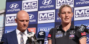 Harris with Carlton CEO Cain Liddle at a press conference she organised to discuss online abuse. 