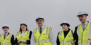 Prime Minister Anthony Albanese and federal Transport Minister Catherine King at Western Sydney Airport on Thursday.