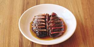 Duck on the crown with rhubarb and fish-sauce caramel.