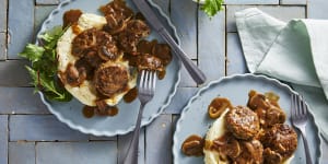 RecipeTin Eats’ rissoles with mushroom gravy.