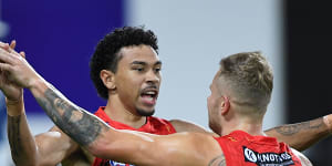 Malcom Rosas celebrates a goal in his side’s win over Hawthorn.