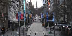 A deserted Bourke Street Mall during Melbourne’s fifth lockdown in July 2021.