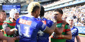 Latrell Mitchell in a confrontation with Bulldogs players.