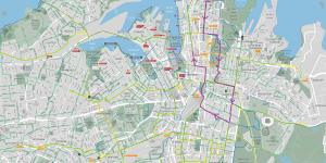 Our journey through the city and Surry Hills. Solid green lines indicate off-road cycleways.
