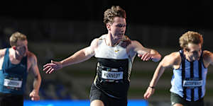 Lachlan Kennedy wins the 100m final at the Australian Athletics Championships.