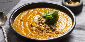Curried roasted pumpkin soup with tamari nuts. 