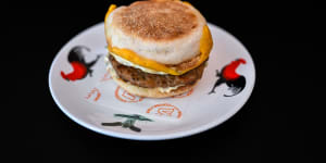 A breakfast muffin with sausage,egg,cheese and “bazzinga” sauce at Warkop in the city.