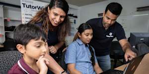 Students Sharvil Pandir,8,and Shanaya Pandir,11,with Jyoti Sachdeva (left) and Abhishek Narang from TutorWise in Quakers Hill. Sharvil is preparing for his first NAPLAN test.