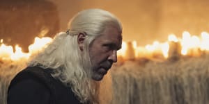 Paddy Considine as King Viserys I Targaryen and Milly Alcock as Princess Rhaenyra Targaryen in House of the Dragon.