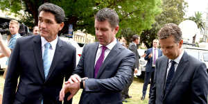 NSW Member for Parramatta Geoff Lee,Minister for Transport Andrew Constance and NSW Premier Mike Baird during the announcement of the proposal for Parramatta's light rail in December.