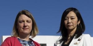 Catherine Henderson and Japanese upper house Councillor Mizuho Umemura in front of Parliament House last week. 