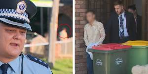 Left:police appeal for information about the alleged hit-and-run at a press conference on Wednesday morning as the suspect is seen in the background (red circle). Right:the suspect is arrested.