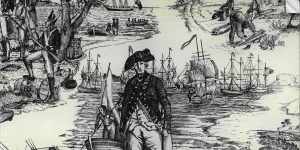Governor Phillip landing at Botany Bay,the ships of the First Fleet behind him.