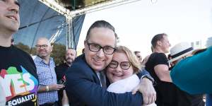 Qantas chief Alan Joyce and comedian Magda Szubanski celebrate the Yes vote on marriage equality in 2017. 