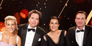 McLachlan at his last Brownlow as CEO,with executives Kylie Rogers (left),Laura Kane and incoming CEO Andrew Dillon 