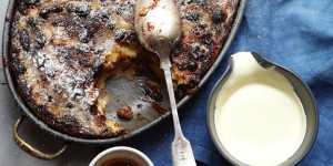 Rum,raisin and chocolate bread and butter pudding.