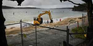 Photographs show Shark Beach in Nielsen Park,Vaucluse this afternoon. Construction of a new sea wall to prevent erosion is under way and the public are restricted by fencing. Photographs by Dean Sewell. Taken Friday 22nd July 2022. .