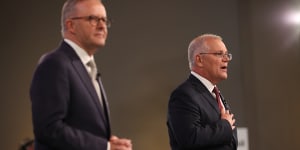 Opposition Leader Anthony Albanese and Prime Minister Scott Morrison during the leaders’ debate on Wednesday.