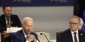 President Joe Biden,left,speaks as Australian Prime Minister Anthony Albanese listens during the Asia-Pacific Economic Cooperation (APEC) conference.