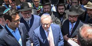 Prime Minister Anthony Albanese at the Adass Israel Synagogue on Tuesday.