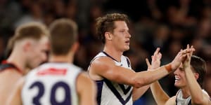 Matt Taberner celebrates one of his seven goals for the Dockers.