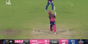 Shai Hope claims a catch for Delhi Capitals in the IPL game against Rajasthan Royals.