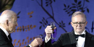 US President Joe Biden shares a toast with Anthony Albanese in Washington last year.