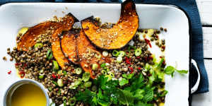 Neil Perry's warm lentil salad with pumpkin and chilli.