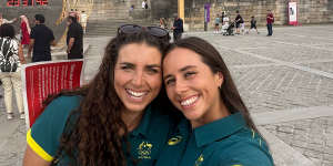 Jess and Noemie Fox in front of the Eiffel Twoer after Noemie qualified for her first Olympic Games.