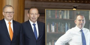 Prime Minister Anthony Albanese and former prime minister Tony Abbott at the unveiling of the latter’s portrait.