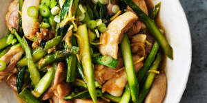 Kylie Kwong's stir-fried chicken fillets with fresh asparagus spears.