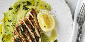 Barbecued chicken breast with asparagus sauce.