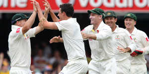 Mitchell Starc celebrates his first Test wicket,that of New Zealand’s Brendon McCullum at the Gabba in 2011.