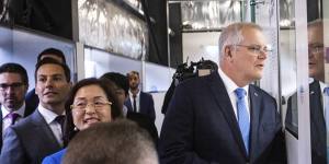 Prime Minister Scott Morrison touring Monash University on Thursday morning. 